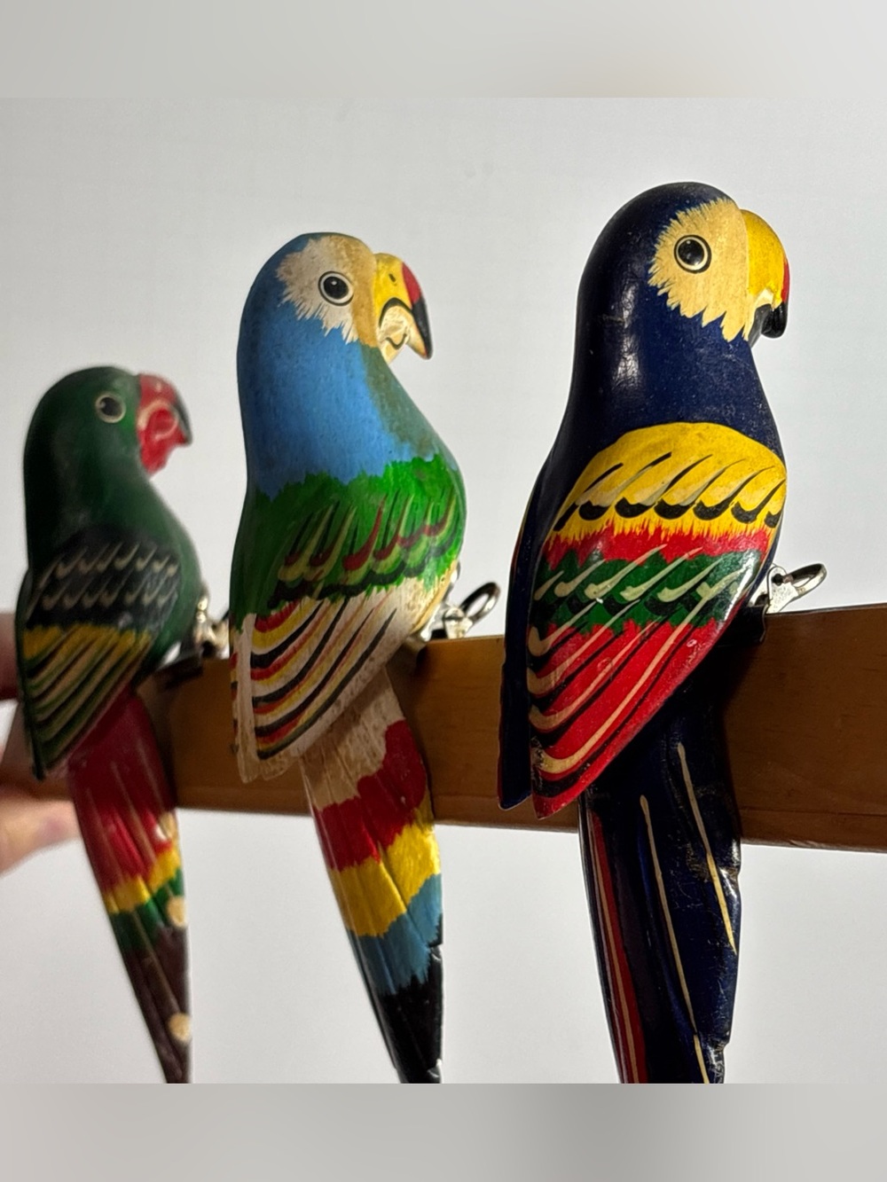 3 MCM Carved & Hand Painted Wooden Clip On Parrots, Tiki Decor or Christmas Tree